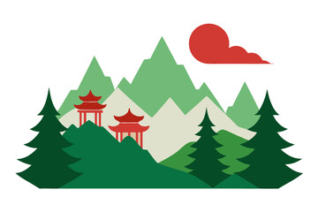Fototapeta premium A serene vector graphic of a mountain landscape with Asian-style pagodas and trees under a red sun