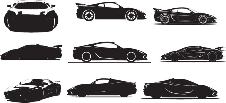 Sport car silhouette vector set, black supercar icons collection, modern racing vehicle outlines, 9 luxury automotive design elements for decals
