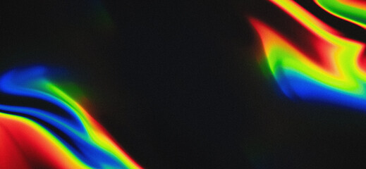 Vibrant abstract grainy liquid background with colorful gradient waves on black. futuristic psychedelic light leak texture