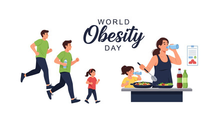 Illustration of family and people promoting healthy lifestyle on World Obesity Day with colorful graphics and icons for public health awareness.