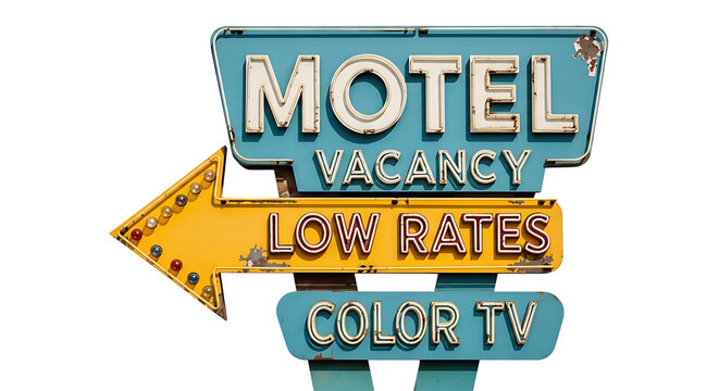 Vintage motel sign advertising a great stay and good food in the countryside
