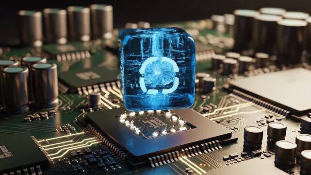 A glowing cube containing a brain model hovers over a computer chip