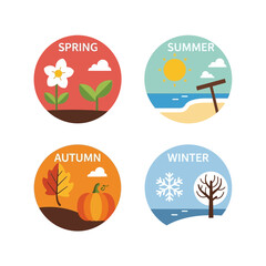 Four Seasons Circle Icons: Spring, Summer, Autumn, Winter - Flat Design