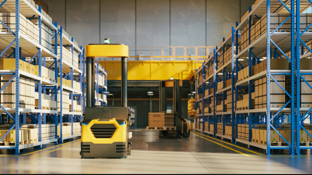 Autonomous mobile robot operating inside modern warehouse with high storage racks and stacked cardboard boxes. Industrial logistics- 3D rendering