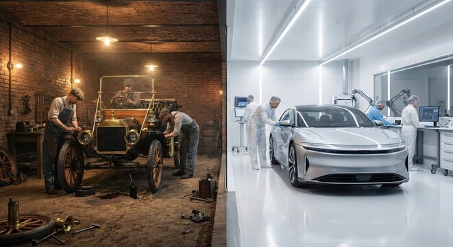 Historical car assembly in garage versus modern electric vehicle research