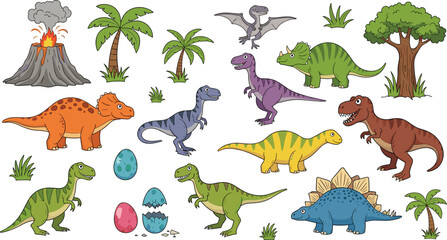 Obraz premium Large collection of cute cartoon dinosaur characters featuring Triceratops, Stegosaurus, T-Rex, and Pterodactyl with prehistoric volcano, palm trees, and hatching eggs isolated on white.