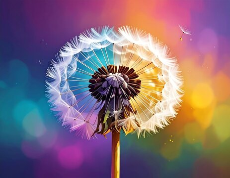 Close-up view of a dandelion seed head with detailed fluffy petals. Dreamy, colorful background. One seed drifting away