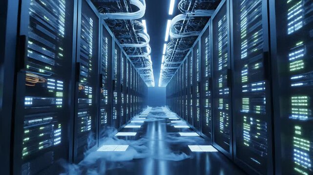 Rows of illuminated server racks in a cool, misty corridor