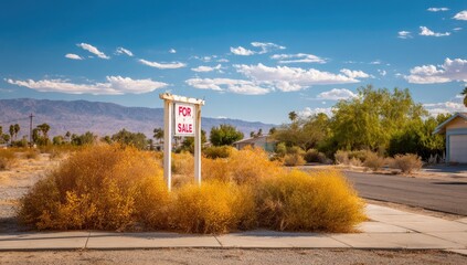 Desert Landscape with For Sale Sign and Dry Brush Under Blue Sky.