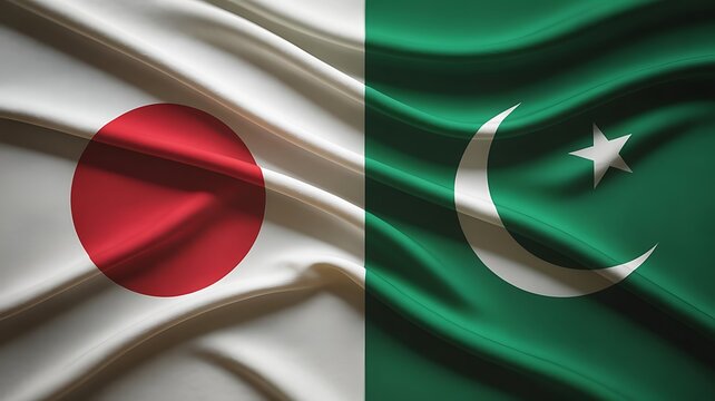 The national flags of Japan and Pakistan waving together in unity and cooperation.