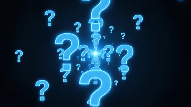 Numerous glowing blue question marks float against a dark, mysterious background