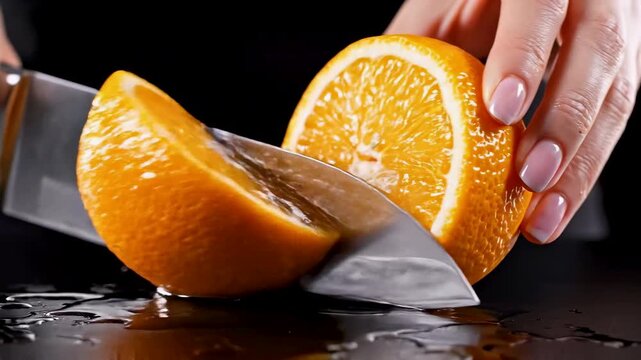 Ultra Realistic Macro Slow Motion Fresh Orange Being Sliced by Chef Knife, Juicy Food Advertising Video, 4K 120fps