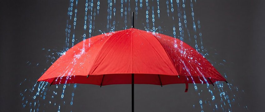 Red Umbrella in Binary Rain Digital Protection Concept