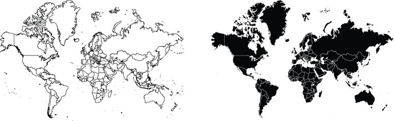 World map with country borders and filled continents © Design LL