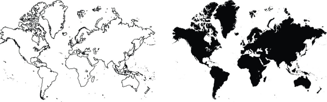 World map outlines and filled continents comparison