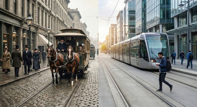 Historic horse-drawn tram versus modern city public transport