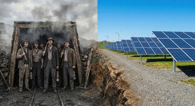 Hard coal mining contrasting with clean solar and wind renewable energy.