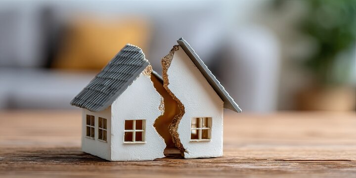 A miniature house model is broken in half, symbolizing divorce or separation.