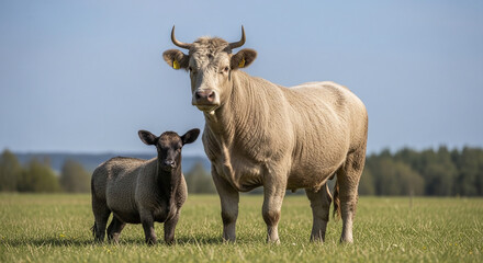 Fototapeta premium A large tan cow and a small black lamb standing together in a green field.