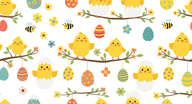 Adorable seamless Easter pattern with cute yellow chicks on branches, colorful hanging eggs, flowers, and buzzing bees on a white background.