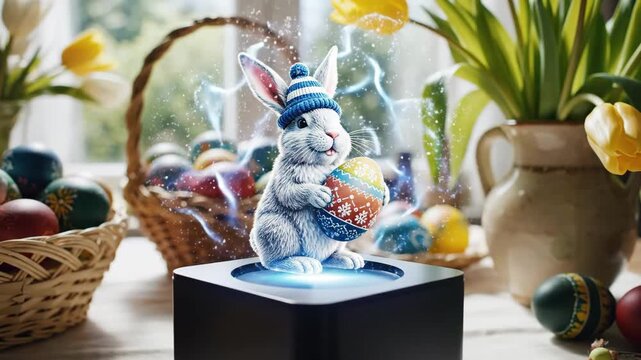 Colorful Spring Celebration. Vivid Seasonal Display With Flowers. Bright Festive Scene Featuring Painted Eggs And Tulips. Luminous Window Scene Showcasing Cheerful Flowers And Colorful Decorations.