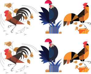 Geometric stylized rooster collection in flat mid-century modern deint © PrantaDas