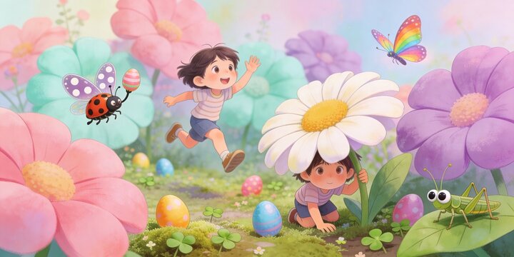 Cute storybook Easter egg hunt illustration with children and oversized daisy in a pastel flower meadow, rainbow butterfly and friendly ladybug