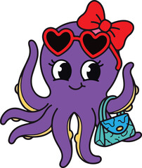 Obraz premium Cute purple cartoon octopus with red bow and heart sunglasses holding a handbag