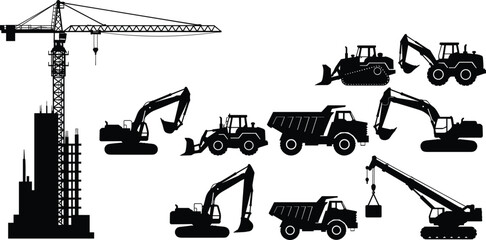 Construction Site Equipment Silhouette Set, Tower Crane Building Vector, Excavator Dump Truck Crawler Collection, Heavy Machinery Industrial Infrastructure Development Illustration Pack (20 words) © Mou