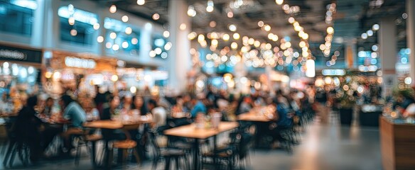 Blurred image of a busy food court with people dining at tables under bright lights.