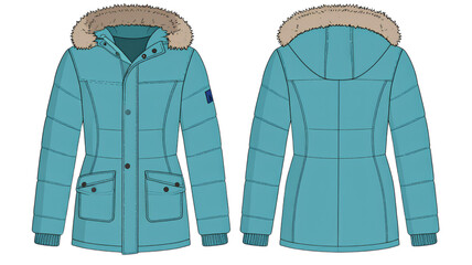 A teal winter coat with fur-lined hood on transparent background © FARUK