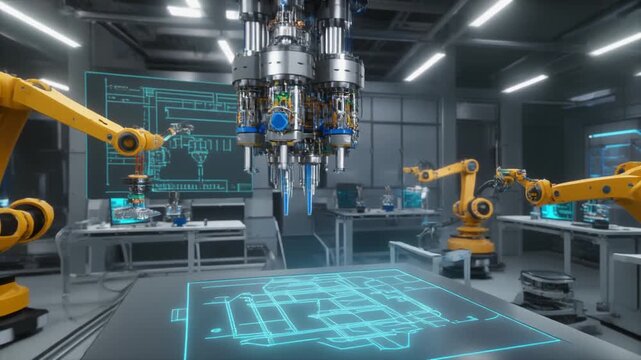 &ldquo;High-tech lab with robotic arms and digital blueprint&rdquo;