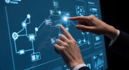 IT Professional Managing Complex Digital System Architecture and Data Flow on Interactive Screen