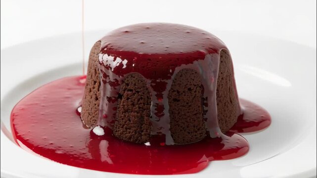 a single, rich, dark brown, gooey chocolate lava cake with a glossy red raspberry sauce drizzling down its side, set on a plain white plate against a white background