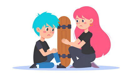 A cartoon illustration of a sad boy and girl sitting with a skateboard on a transparent background © FARUK