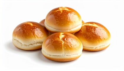 Delicious brioche buns stacked on a white background.