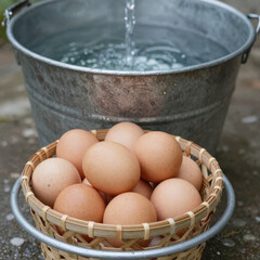 Metal bucket filled with fresh brown eggs on snowy surface capturing rustic spring farm atmosphere and wholesome seasonal abundance outdoors