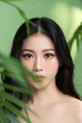 Naklejka premium Woman peeking through green leaves. Beauty and skincare concept with natural elements. Gentle portrait for wellness and cosmetic advertisement.