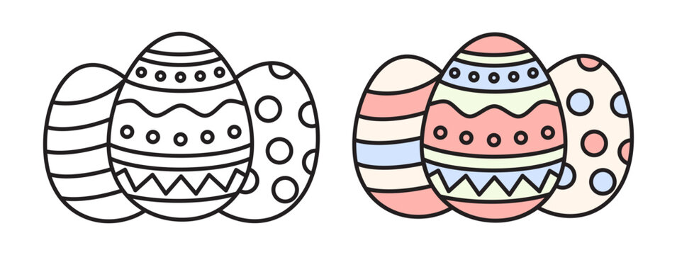 Set of decorated Easter egg icons. Vector linear outline and colorful fill versions. Editable stroke, festive patterns, and spring holiday symbols.