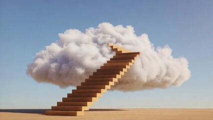 Wooden staircase reaching a dreamlike cloud in a clear blue sky. Concept of success, journey, growth, aspiration, and challenge.