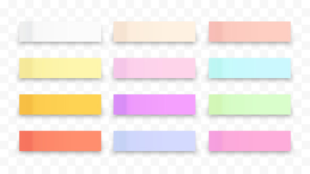 Colorful Sticky Note Strips Set Isolated on Transparent Background. Post Paper Memo Stickers with Shadow Vector Template