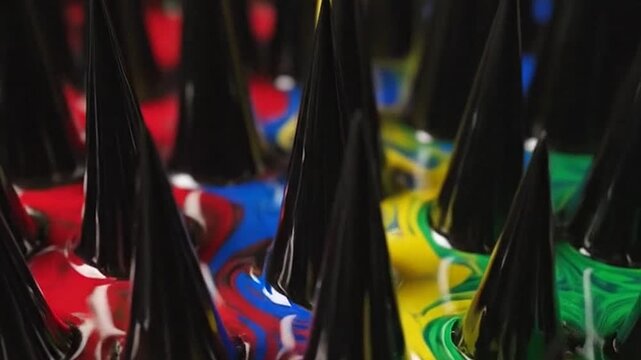 Black conical spikes emerge from a vibrant swirling liquid surface