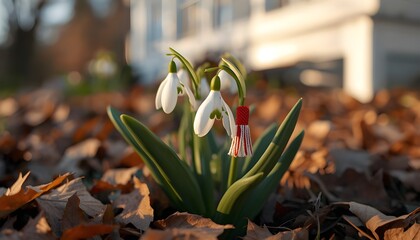 A small cluster of snowdrops blooms in a bed of fallen leaves on a sunny day