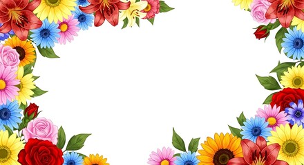 Illustrated floral border with vibrant flowers and green leaves