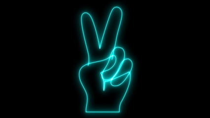 Obraz premium Colorful neon glowing line art illustration of a hand making a peace sign gesture, symbolizing victory, harmony, and positive expression, isolated on black background.