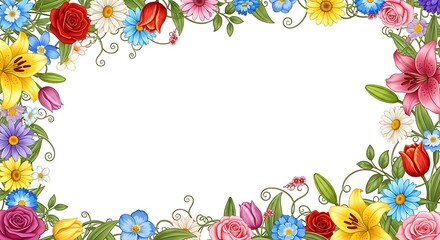 Illustrated Floral Frame with Various Colorful Flowers