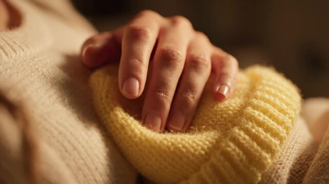 Close-up of hand gently pressing tiny baby hat against chest, shallow focus, side light highlighting fabric texture, intimate quiet moment