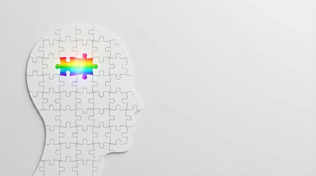 Autism awareness concept with puzzle head and rainbow symbol for recognition and support. World ADHD Awareness Day. Copy space. Mental health. Attention deficit hyperactivity disorder