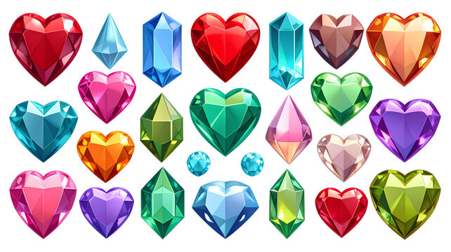 A colorful collection of heart-shaped jewels and gemstones on transparent background