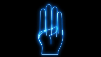 Hand gesture showing number four with bright blue neon glowing lines, signifying counting or indication, isolated on black background